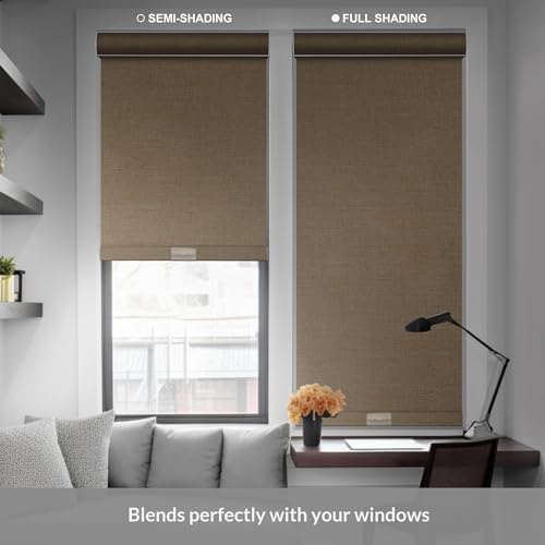 Boolegon Blackout Roller Shades for Indoor Windows, Pull Down Roller Blinds Cordless, Linen Fabric, Thermal Insulated UV Protection Shades for Home Bedroom Office Door, Beige, Custom Size - 1