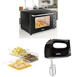 Borosil Prima 60 L OTG + Smartmix BHM30PBB11 300-Watt Hand Mixer (Silver) + Square Dish with Lid and Storage Set, 3-Pieces Combo