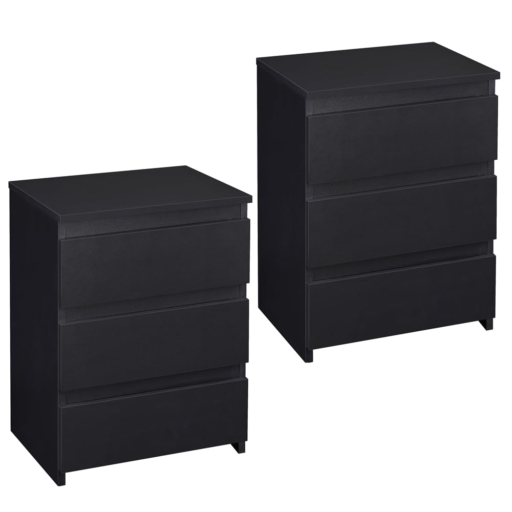 Yaheetech 2X Mesitas de Noche Negras con 3 Cajones Mesas Auxiliares de Madera Estilo Moderno para Sala de Estar 45 x 35 x 60,5 cm Dormitorio Salón
