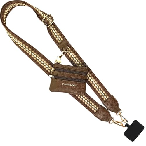 Image of Save the Girls Fun Dots Clip and Go Phone Strap (Dark Brown /Light Brown - Brown Pouch) - Crossbody Phone Strap Chain with Zipper Wallet Pouch - Phone Lanyard Zippered