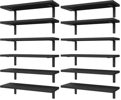 Image of WOPITUES Wood Floating Shelves Set of 6, Shelves for Wall Decor, Farmhouse Shelf for Bedroom, Bathroom Storage Shelves, Book Shelves for Living Room-Black (Pack of 2)
