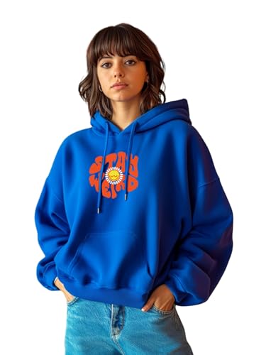 Image of JUNEBERRY Cotton Poly Fleece Oversized Fit Black, Green, Magenta, Mustard, Orange, Purple, Blue, Off White & Grey Graphic Printed Full Sleeve Hoodie for Women