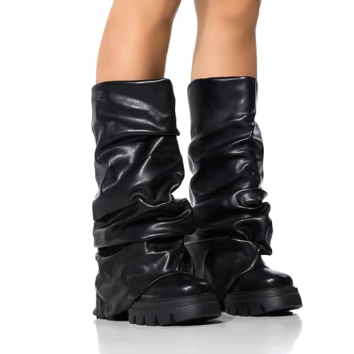 Yishaweiqi Slouched Ruched Fold Over Boots for Women Wide Calf Platform Chunky Heel Mid Calf Shark Boots2