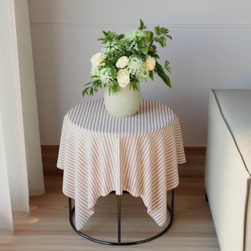Image of Encasa XO Cotton Square Table Cloth for 4 Seater | (90x90 cm) | Ticking Beige | Dining Tablecloth for Decoration