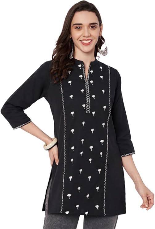 Women Pure Cotton Embroidered Short Kurti, v-Neck 3/4 Sleeve Tunic top for Jeans and Leggings-picture-58