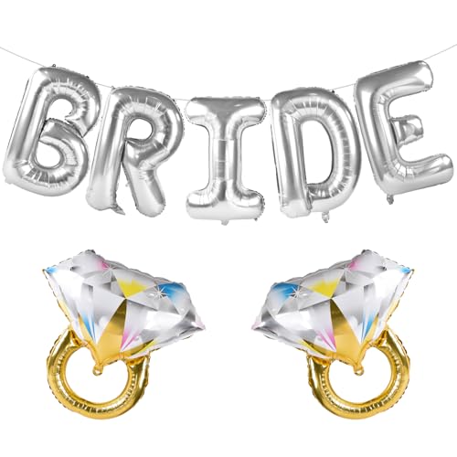Image of Large Bride Balloons Silver with 2 Ring Balloons for Bridal Shower Bachelorette Engagement Party Decorations, Silver