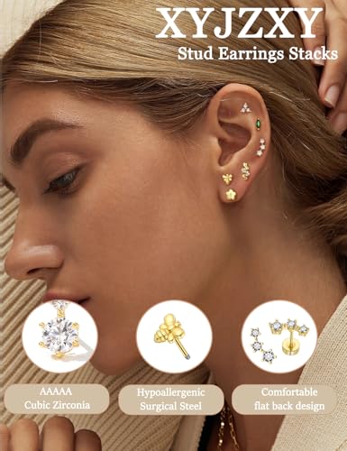XYJZXY Flat Back Earrings for Women 18k Gold Hypoallergenic Surgical Steel Earrings for Sensitive Ears Bow Heart Bumble Bee Flower Moon Star Snake Helix Cartilage Piercing Jewelry2