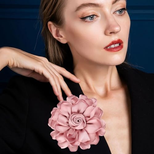 Image of Extra Large Satin Fabric Flower Brooch for Women Elegant Rose Camellia Floral Brooch Pin Handmade Big Satin Fabric Flower Statement Brooch Pin Vintage Clothing Hat Bag Accessories Christmas Wedding Bridal Birthday Jewelry