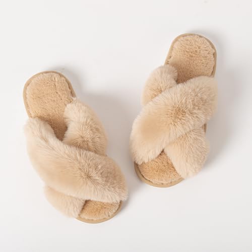 Image of Enteer Women's Slipper Memory Foam Cross Band Fuzzy Slippers Open Toe Cozy House Slippers Cozy Plush Bedroom Indoor Outdoor