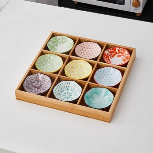 NICROSE お皿 小皿セット和風 小皿セット 竹トレイ 陶器 前菜皿 深型 仕切り付き 天然木 9点 小鉢 醤油皿 前菜皿 盛り鉢 和食器 セラミック アイスクリーム ソース皿 火鍋 焼肉屋 寿司屋 食洗機 (B)