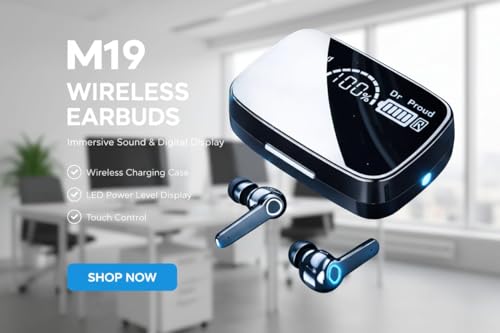 Image of M19 Wireless Earbuds with LED Digital Display, Bluetooth 5.1, 9D HiFi Sound, IPX7 Waterproof, Touch Control, Wireless Charging Case