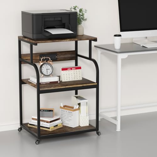 URLINE Soporte grande para impresora con estantes de almacenamiento de madera de 3 niveles con toma de corriente, organizador de escritorio multiusos, para impresora, escáner, fax, uso en casa y