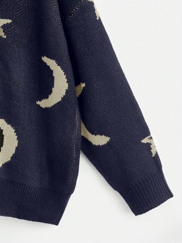 WDIRARA Women's Star Moon Print Long Sleeve Sweater Round Neck Knitted Pullovers Top4