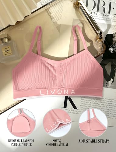 Livona 3 Pack Training Bras for Girls-Sports Bra for Teen Ribbed Wireless Bralette Fitness Padded Crop Cami Tank Top(6-14)2
