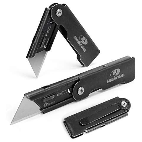 MOSSY OAK 2-pack Folding Pocket Utility Knife Set, Quick Change Box Cutter with Frame Lock, EDC Foldable Razor Knife with Belt Clip, Stone Washed Cover