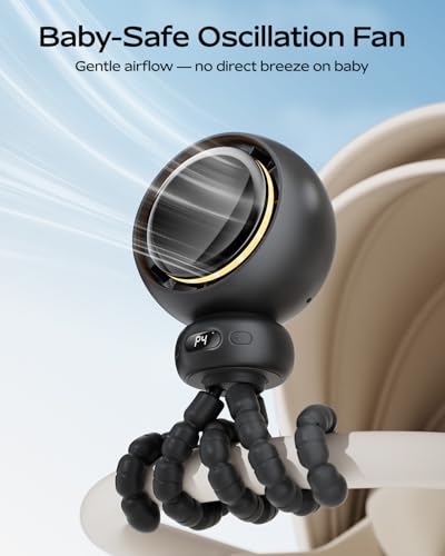 Image of Stroller Fan, Portable Baby Fan with 60 Auto Oscillation, Black | Flexible Tripod Design, USB-C Rechargeable, Long Battery Life, Quiet Motor, 4-Speed Cooling
