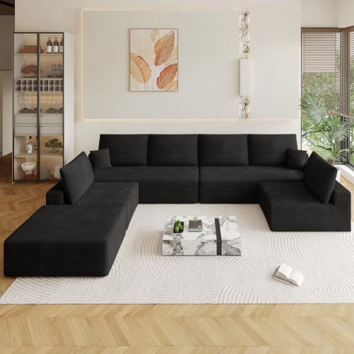 Image of Oversized Modular Sectional Sofa Couch, Large 7 Seater Corner Sofa Modern U Shaped Sectional Couch with Ottoman Cloud Couches for Living Room, Office, Spacious Space, Corduroy, No Assembly, Black