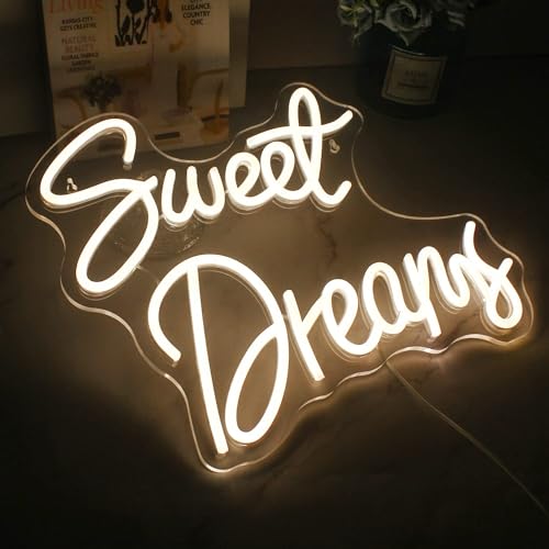 Image of ineonlife Sweet Dreams Neon Sign Warm White Letter LED Neon Lights for Bedroom Wall Decor Words USB Powered Light Up Sign for Room Decor Valentine Party Wall Hanging Decoration