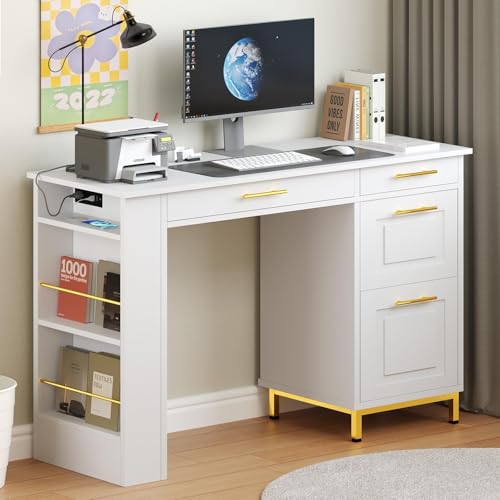4 EVER WINNER White Desk with Drawers 48 Inch Small Desks with Power Outlet and Side Shelf Wood Computer Desk with Storage for Small Spaces Study Bedroom White and Gold