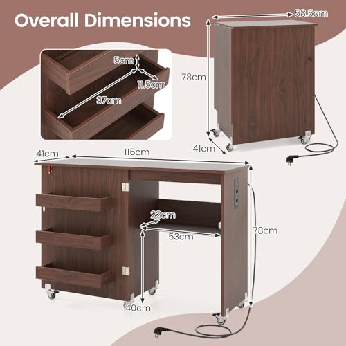 Miniatura 3 de Giantex Armario De Costura Plegable Con 5 Ruedas, Mesa De Coser Con Estación De Carga, 3 Compartimentos Y 1 Estante Abierto, Para Dormitorio, Salón Y Estudio Marrón Oscuro, 116x41x78cm