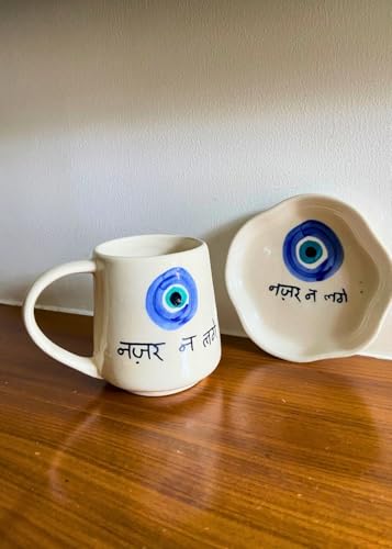 Image of WEAVING HOMES Handcrafted Ceramic Nazar Coffee Mugs and Dessert Plates for Gifting Man and Woman, Tea Cups and Saucers Set of 2 for Best Friend (300 Ml)