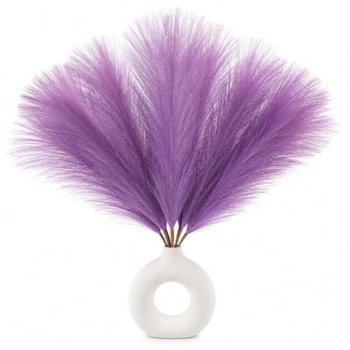 Image of Artificial Pampas Grass Set of 3 for Home Decor,Fluffy Dried Flower Stems for Vase Decoration, Boho Table Centerpiece, Artificial Flowers for Living Room Bedroom Office Decor (Purple)