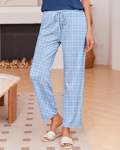 Image of Ekouaer Pajama Sets for Women Round Neck Pjs Short Sleeve Sleepwear with Long Pants Loose Lounge Sets
