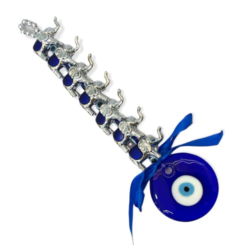 Image of AUGEN Evil Eye Wall Hanging Seven Elephant Design Blue Ornament for Home Office Shop Decor (10 Inches, 2359)