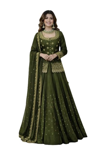 Image of Suppar Sleave Women's Chanderi Silk Embroidered Kurta Set with Lehenga Style Bottom & Dupatta | Bollywood Style Embroidery lehenga Choli Set For Woman