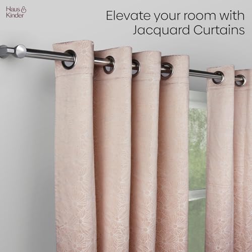 Image of haus & kinder Jacquard Window Curtains 5 Feet Long Pack of 2 Window Curtains, 5 Feet Curtains for Window (Blush Daisy, Blush Abstract Geometric Design 130x152 CM)