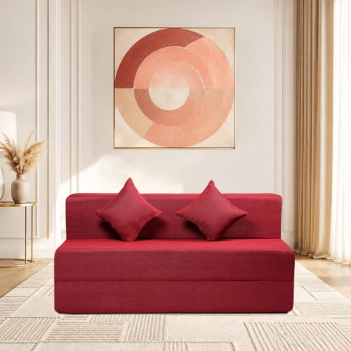 Image of Seventh Heaven 3 Seater 5 * 6 Jute Fabric Washable Cover Sofa Cum Bed 3 Seater Double Foam Fold Out Sofa Cum Bed (Finish Color - Maroon Delivery Condition - Pre-Assembled)