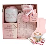 Hot chocolate mug gift set with hot water bottle mini marshmallows and christmas candy cane - cosy hot water bottle and hot chocolate gift set - gift set for women teen adults (Pink)