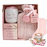Hot chocolate mug gift set with hot water bottle mini marshmallows and christmas candy cane - cosy hot water bottle and hot chocolate gift set - gift set for women teen adults (Pink)