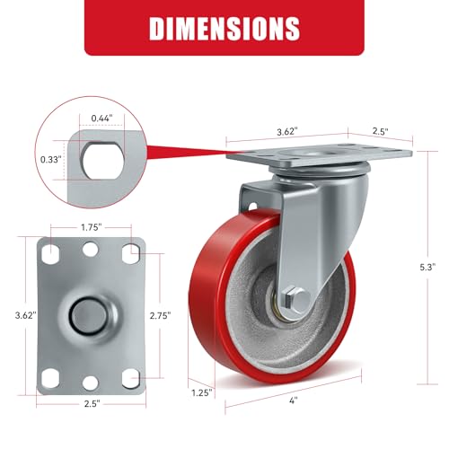 CWfutureparts 4\" Industrial Heavy Duty Casters Set of 4, Polyurethane on Cast Iron Caster Wheels, 4 Swivel, 1800 lbs Capacity, for Cart, Workbench, Toolbox, Equipment - Thumbnail 2