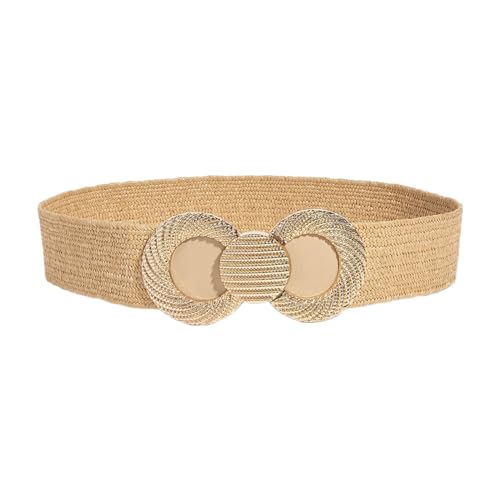 Women Braided Waist Belt Straw Weaving Straw Belt with Gold Buckle Decors Girl Dress Shirt Waist Belt