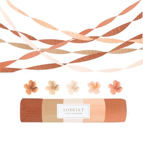Image of AOBKIAT Brown Boho Streamers Party Decorations for Fall Party,Thanksgiving | 5 Rolls Crepe Paper in Dusty Orange Brown,for Halloween,Autumn Birthday Baby Shower Rustic Wedding Party Backdrop
