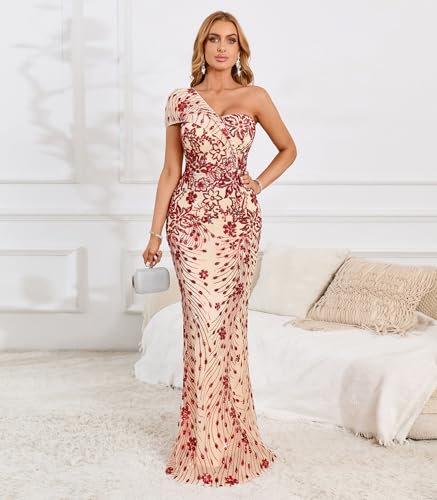Image of Cololura Women Sexy Sequin One Shoulder Mermaid Formal Party Cocktail Gowns Bodycon Evening Maxi Dress
