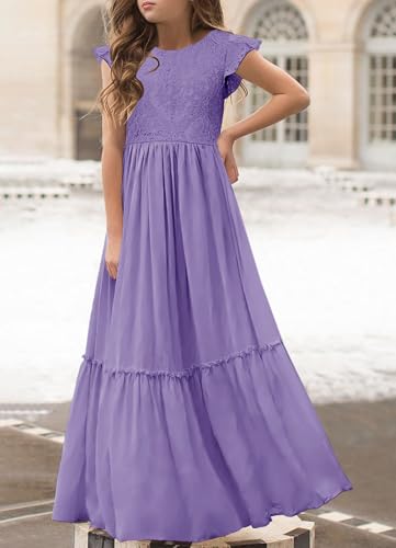 Image of MITILLY Girls Lace Flower Wedding Guest Long Maxi Dress for 6-12 Years | Girls Boho Dress, Girls' Special Occasion Dresses, Wedding Party, Size 6-12 Years, Ruffle Sleeve, A Line, With Pockets