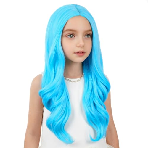 Image of Sky Blue Wig Long Blue Middle Part Wig Long Wavy Curly Wigs Heat Resistant Synthetic Wigs for Daily Party Use
