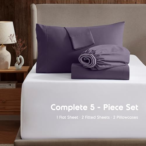 Image of Nestl Split King Bed Sheet Set - Purple - 5-Piece Deep Pocket | Instantly Soft, Night-One Ready (No Wash Required). Fits 16-Inch Deep Pockets, 360-Degree Elastic Grip