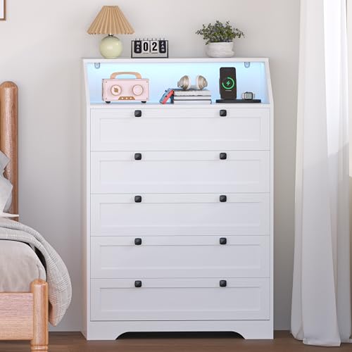 Image of Wodeer White Dresser Tall 5 Drawer Dresser for Bedroom, Wood Chest of Drawers with LED Lights, Charging Station, Metal Handles, Modern Storage Cabinet and Organizer Drawers for Living Room, Hallway