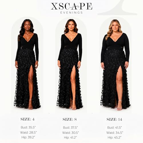 Image of Xscape Women's Long Sleeve V-Neck Formal Evening Gown with Floral Applique Skirt and Side Slit