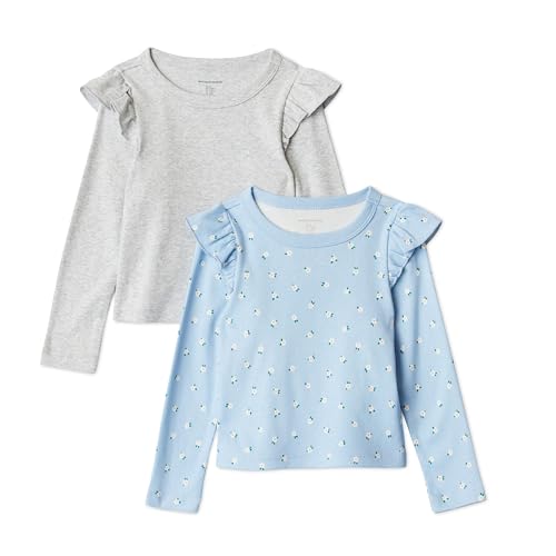 Amazon Essentials Girls Long Sleeve Ruffle T-Shirt Pack of 2 Light Heather Grey/ Ditsy Floral 4T
