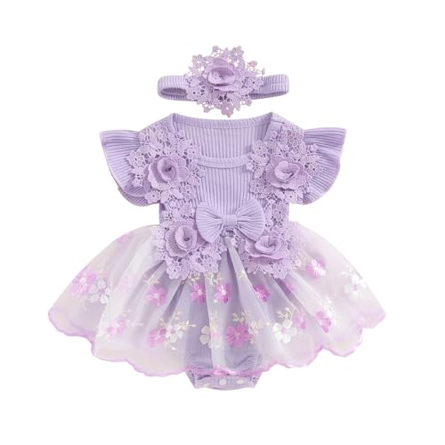 Image of Hnyenmcko Newborn Baby Girl Summer Romper Dress Infant Fly Sleeve Flower Embroidery Mesh Tulle Skirt Hem Ribbed Bodysuit