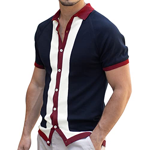 Mens Fashion Casual Single Breasted Lapel Striped Knit Cardigan Short Sleeve T Shirt Thick Cardigan Sweater Men Navy #TOP2