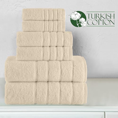 Image of Elegant Comfort 4 Lines Viscose Stripe 6-Piece Premium Towel Set - 100% Turkish Cotton High Absorbent Luxury Bathroom Towels - Includes 2 Washcloths, 2 Hand Towels and 2 Bath Towels Set, Ivory