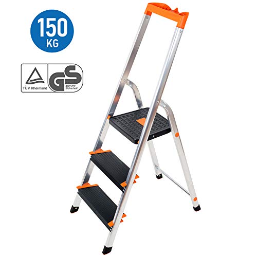 Preisvergleich Produktbild Tatkraft Master Leiter mit 3 Stufen, Haushaltsleiter mit Arbeitsschale, Klappleiter, Alu-Sicherheits-Haushaltsleiter bis 150 kg, TÜV Zertifikat