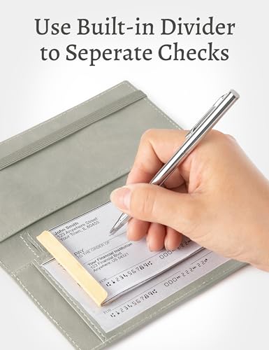 Image of Yarnic Checkbook Cover for Personal Checkbook, Checkbook Holder with Pen Holder & Built-in Clear Plastic Divider for Duplicate Checks (Grey)
