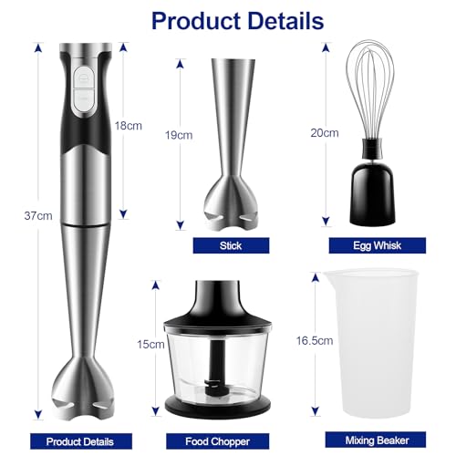 Foto von NWOUIIAY Stabmixer set 6-in-1 Pürierstab Edelstahl Set 1200W Stabmixer 600ml Messbecher, Schneebesen,Lebensmittelhacker,Lagerregal für die Zubereitung von Babynahrung Salaten Suppen und Gemüse