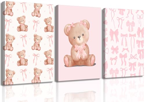 Image of 3Pcs Pink Teddy Bear Canvas Wall Art Coquette Bow Wall Decor Pictures Cute Animal Nursery Posters Prints for Baby Girls Room Bedroom Home Decorations